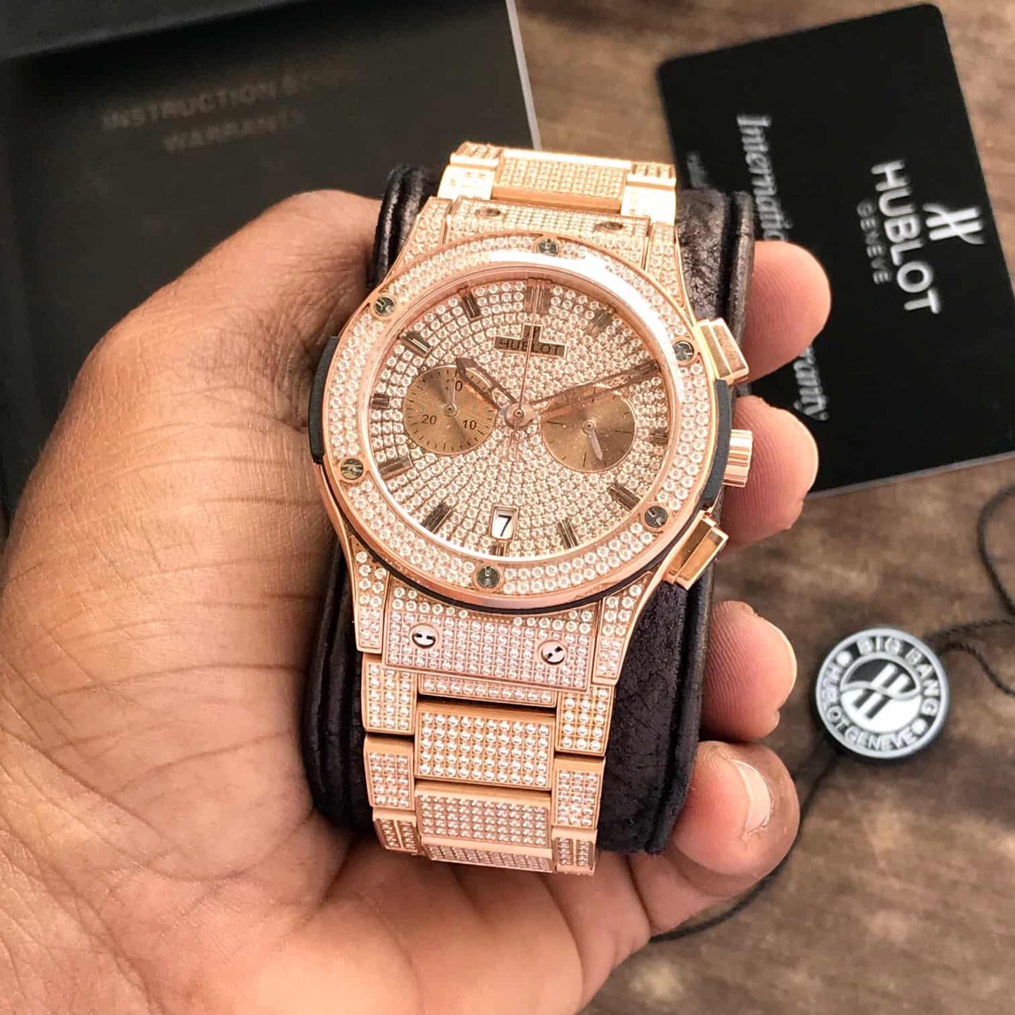Hublot Big Bang – Full Diamond Chronograph | Rose Gold Bracelet | Men's Luxury Watch