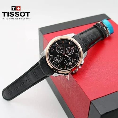 Tissot Chronograph Black Dial Men’s Watch with Leather Strap – Rose Gold Bezel