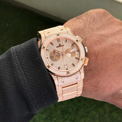 Hublot Big Bang – Full Diamond Chronograph | Rose Gold Bracelet | Men's Luxury Watch