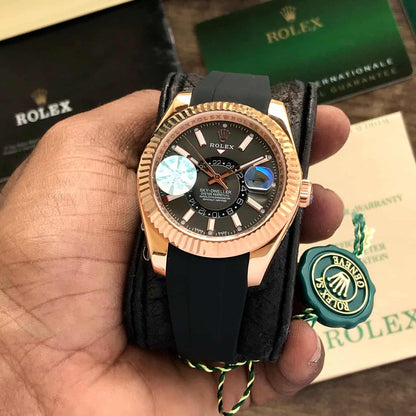 Rolex SkyDweller Grey Dial Black Fiber Belt Japanese Automatic Mens Watch