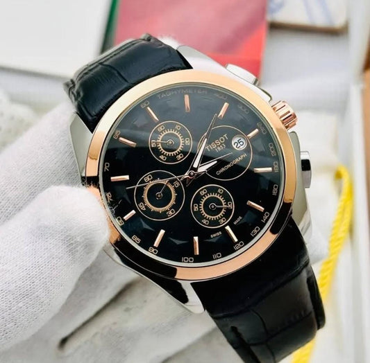 Tissot Chronograph Black Dial Men’s Watch with Leather Strap – Rose Gold Bezel