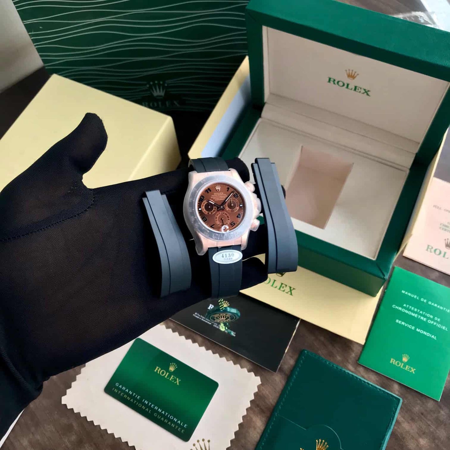 Rolex Cosmograph Daytona Chocolate Index Oysterflex Everose Gold Swiss ETA Mens Watch