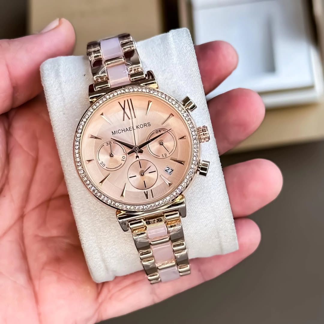 Michael Kors Rose Gold Chronograph Watch – Elegant Pink Ceramic & Steel Strap