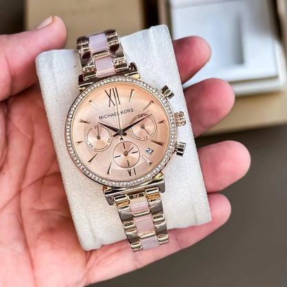 Michael Kors Rose Gold Chronograph Watch – Elegant Pink Ceramic & Steel Strap