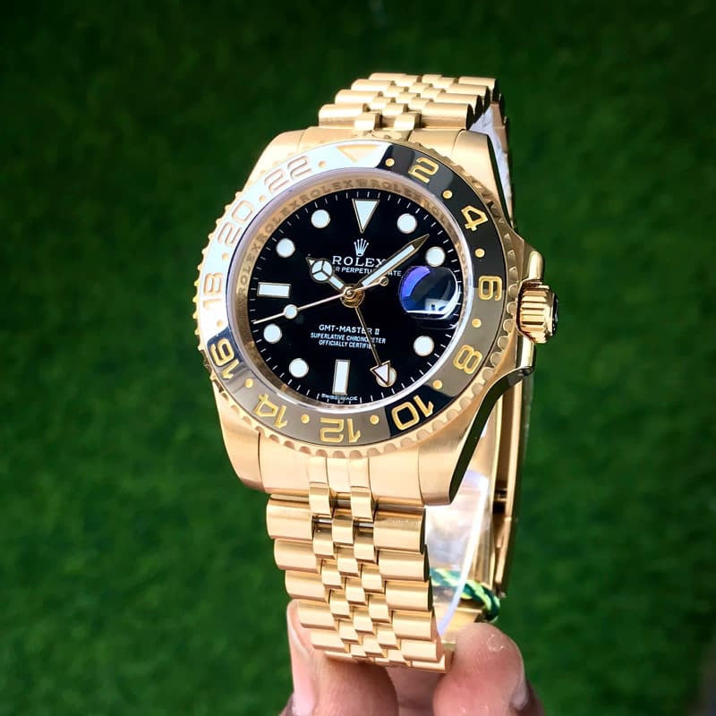Rolex GMT-Master II With Black Ceramic Bezel Full Gold Tone & Black Dial Japanese Automatic Master Quality Mens Watch