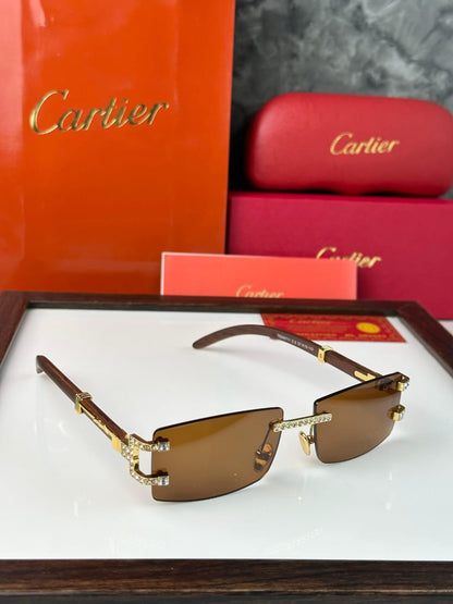 Cartier Luxury Rimless Sunglasses | Gold & Crystal Detailing