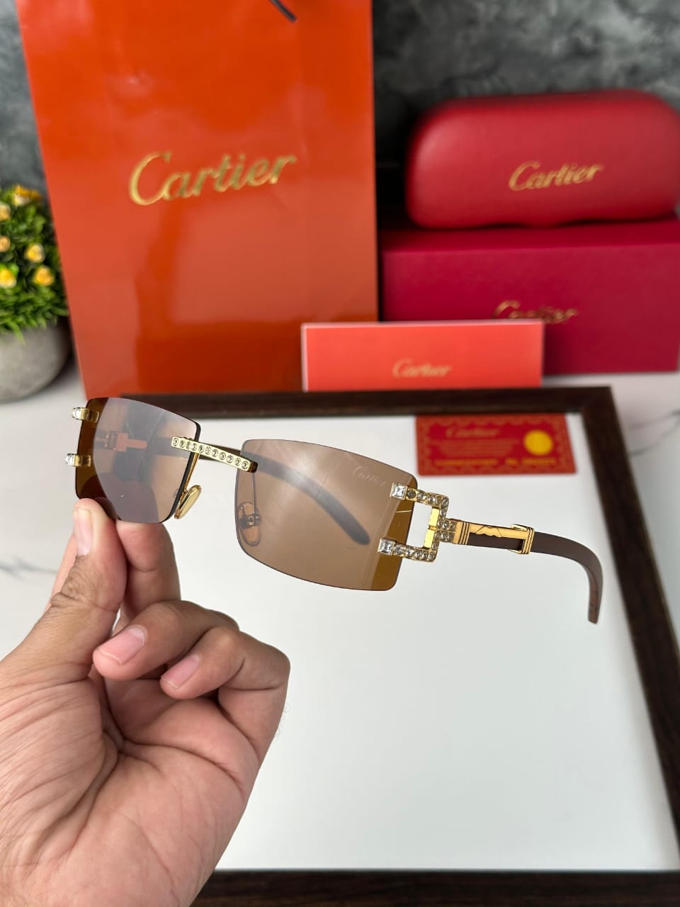 Cartier Luxury Rimless Sunglasses | Gold & Crystal Detailing