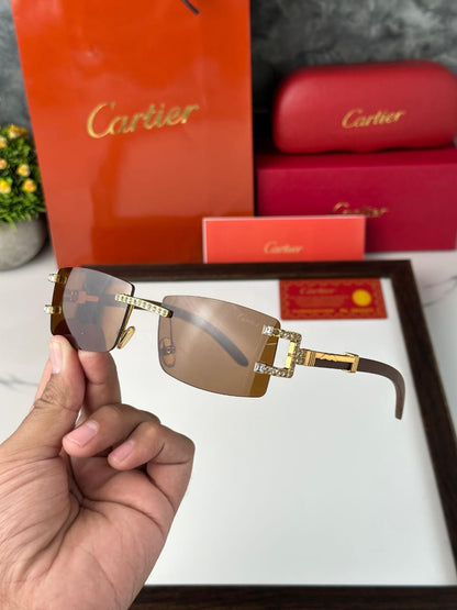 Cartier Luxury Rimless Sunglasses | Gold & Crystal Detailing