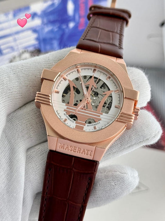 Maserati Automatic Skeleton Watch – Rose Gold & Leather