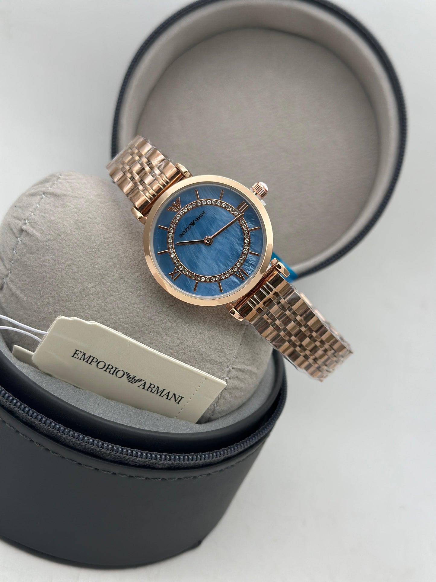 Emporio Armani Women's Rose Gold Watch – Blue Mother-of-Pearl Dial