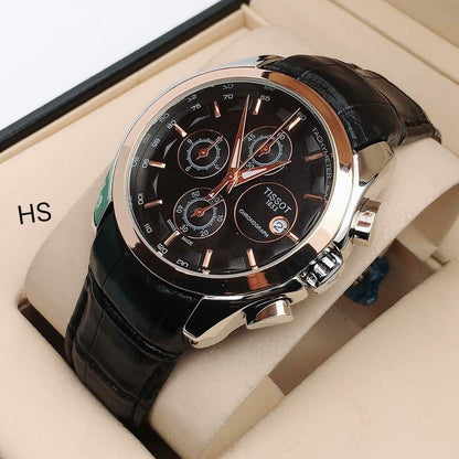 Tissot Chronograph Black Dial Men’s Watch with Leather Strap – Rose Gold Bezel