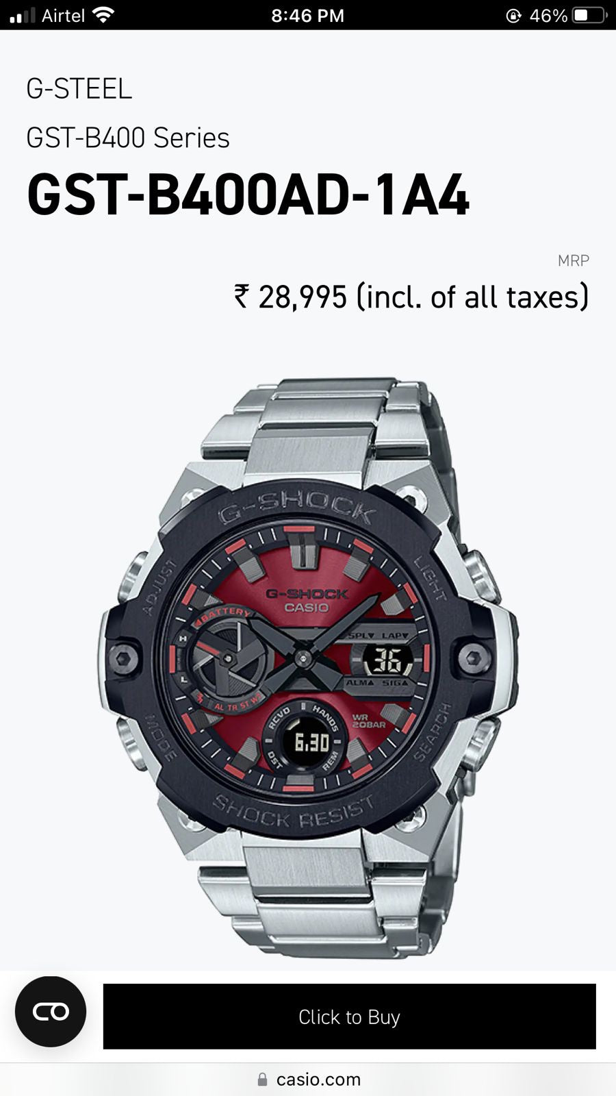 Casio Gshock G-Steel GST-B400 Stainless Steel Red Dial Men’s Watch
