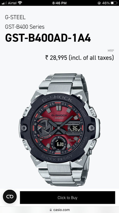Casio Gshock G-Steel GST-B400 Stainless Steel Red Dial Men’s Watch