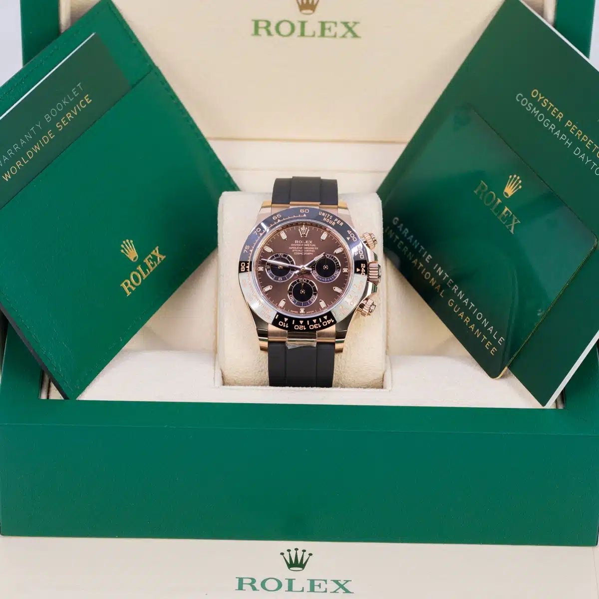Rolex Cosmograph Daytona Chocolate Index Oysterflex Everose Gold Swiss ETA Mens Watch