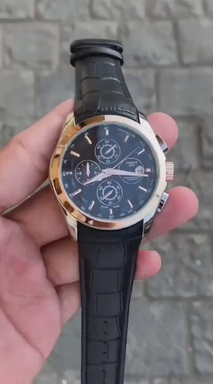 Tissot Chronograph Black Dial Men’s Watch with Leather Strap – Rose Gold Bezel